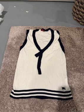 Burberry Cream and Navy Sleeveless Knit Top with Tie Neck